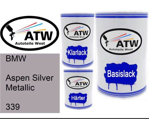 BMW, Aspen Silver Metallic, 339: 500ml Lackdose + 500ml Klarlack + 250ml Härter - Set, von ATW Autoteile West.